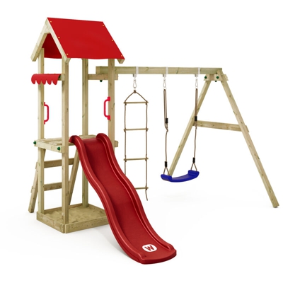 WICKEY Parco giochi in legno TinyCabin Giochi da giardino con altalena e scivolo rosso Torre d'arrampicata da esterno con sabbiera e scala di