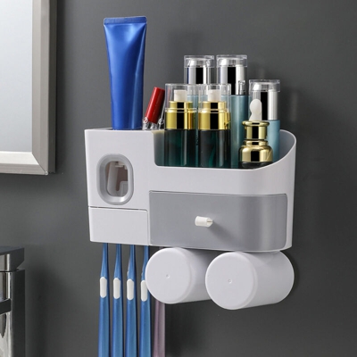 Portaspazzolino da parete Organizer per trucco Dispenser per dentifricio Scatola portaoggetti per cosmetici impermeabile (2 tazze)