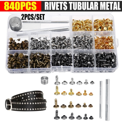 840pcs Artigianato in pelle Rivetti a doppio cappuccio Kit di strumenti di fissaggio per borchie in metallo tubolare Rivetto a doppio cappuccio
