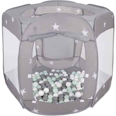 Selonis Recinto Esagono Pieghevole Tenda 120X100x85cm Con 900 Palline 6 Cm Per Bambini, Grigio:Bianco/Grigio/Menta - grigio:bianco/grigio/menta