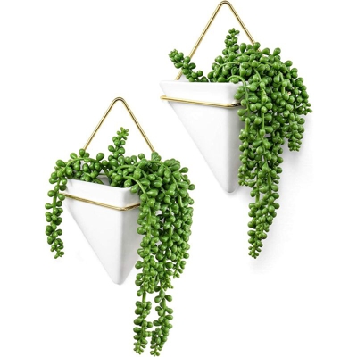 Bearsu - Fioriera da parete geometrica, vaso sospeso con piante grasse artificiali, collana di perle finte, moderna decorazione da parete in ceramica