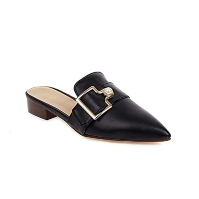 Donna Mules Scarpe Moda Pearl Fibbia Backless Slip On Tacco Basso Slide Casual Mocassini Sandali, Nero , 40 EU