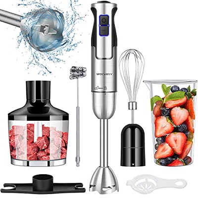 Frullatore a Immersione, WOCVRYY 1500W Minipimer, 7 In 1 Mixer a Immersione ，8 Velocità e Turbo，Pulsante LED , con Frusta in Acciaio Inossidabile , Tr