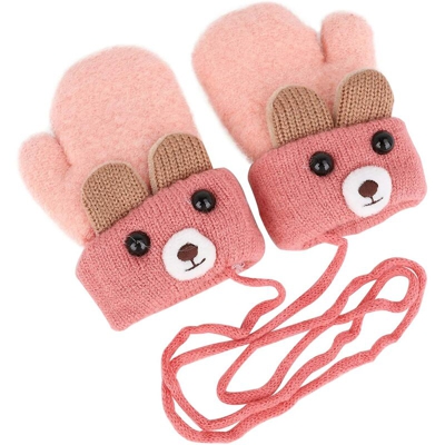 Guanti invernali a maglia doppia pesante per bambini con peluche, guanti da cartone animato per bambini 0-3 anni, per giocare, correre, sciare rosa
