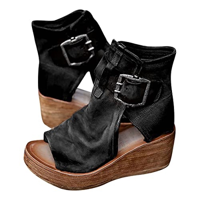 Sandali Donna Estivi Zeppa Sandali Piattaforma Moda Punta Aperta Stivali di Pelle Estivi Sandali Romani a Bocca di Pesce (Nero, numeric_39)