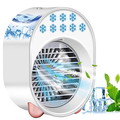Eamplest Mini Raffreddatore d'Aria, Condizionatore D'aria Portatile con 3 Velocità del Vento Regolabili,7 colori luce d'atmosfera,Alimentato a batteri