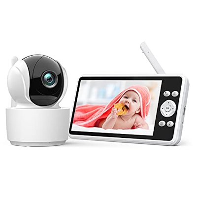 Baby Monitor, Video Camera con Schermo da 5.0" LCD, Rotazione Telecomando 355°/120°, Zoom 1.5/2x, Sorveglianza Visione Notturna, Batteria 4000mAh, Com