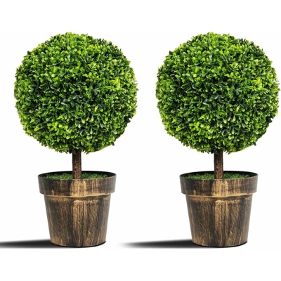 Goplus - 2 Piante Artificiali con Vaso in Plastica, Bonsai Finti in Topiaria con Corona Sferica, Decorazioni Portatile da Tavolo, Ideale per Casa,
