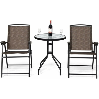 Goplus - Set da Giardino con 3 Mobili, Set 3 Pezzi Tavolino e Sedie per Balcone Giardino, Set Mobili Sedie Esterno, Marrone Nero, 60 x 70 cm,