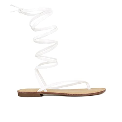 QUEEN HELENA Y3008 Sandali Infradito alla Schiava Bassi con Lacci Donna Bianco 37 EU