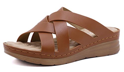 INMINPIN Sandali a Punta Aperta Donna Estivi Eleganti Sandali con Zeppa Comode Ciabatte in Pelle Piattaforma Estate Scarpe All'aperto,Marrone,36 EU=37