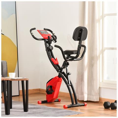 Cyclette Pieghevole 2 In 1, Resistenza Magnetica Regolabile 8 Livelli, Bici Da Fitness Con Sensore Di Frequenza Cardiaca, Elastici Per Braccia, Schermo Lcd, Volano 2.5kg, Rosso