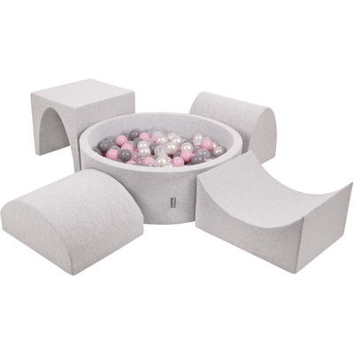 KiddyMoon Area Di Gioco In Schiuma Con Tondo Piscina Di Palline (300 Palline) Per Bambini, Grigioch:Perla/Grigio/Trasparente/Rosa Chiaro