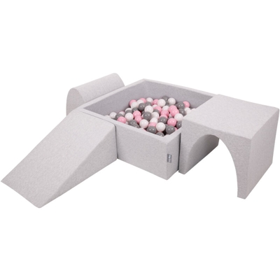 KiddyMoon Area Di Gioco In Schiuma Con Quadrato Piscina Di Palline (300 Palline) Per Bambini, Grigioch:Bianco/Grigio/Rosa Chiaro