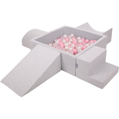KiddyMoon Area Di Gioco In Schiuma Con Quadrato Piscina Di Palline (300 Palline) Per Bambini, Grigioch:Rosa Chiaro/Perla/Transparente - grigioCh:rosa