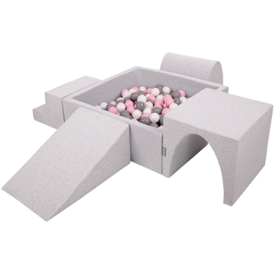 KiddyMoon Area Di Gioco In Schiuma Con Quadrato Piscina Di Palline (200 Palline) Per Bambini, Grigioch:Bianco/Grigio/Rosa Chiaro