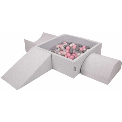 KiddyMoon Area Di Gioco In Schiuma Per Bambini Con Palline Colorate, Grigioch:Perla/Grigio/Trasparente/Rosa Chiaro