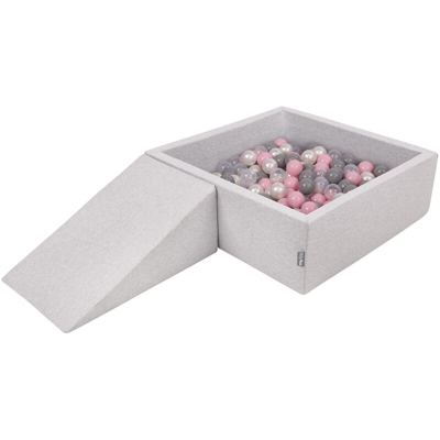 KiddyMoon Area Di Gioco In Schiuma Con Quadrato Piscina Di Palline (100 Palline) Per Bambini, Grigioch:Perla/Grigio/Trasparente/Rosa Chiaro