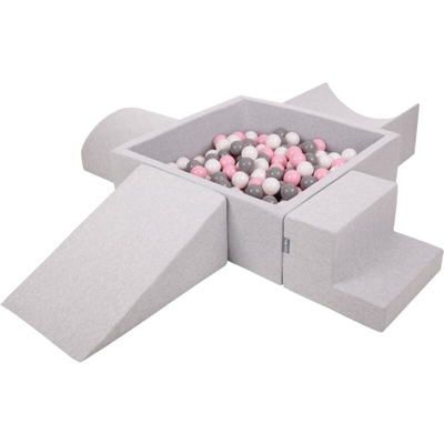 KiddyMoon Area Di Gioco In Schiuma Con Quadrato Piscina Di Palline (200 Palline) Per Bambini, Grigioch:Bianco/Grigio/Rosa Chiaro