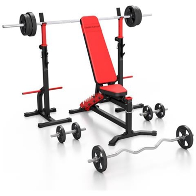 Ms30 125kg kier g Panca Pesi Ms-l102 + 2 Supporti Per Manubri Con Dispositivo Di Sicuzza Ms-s108 + Set Di Bar E Dischi Gommati 83kg