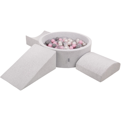 KiddyMoon Area Di Gioco In Schiuma Con Tondo Piscina Di Palline (200 Palline) Per Bambini, Grigioch:Perla/Grigio/Trasparente/Rosa Chiaro
