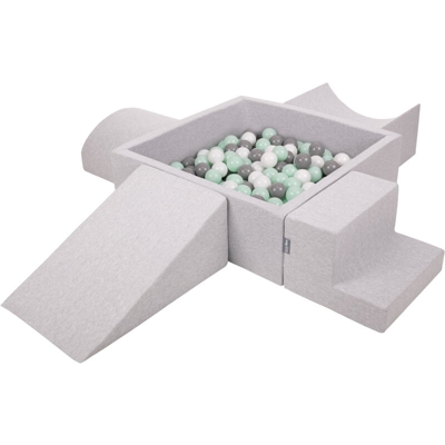 KiddyMoon Area Di Gioco In Schiuma Con Quadrato Piscina Di Palline (200 Palline) Per Bambini, Grigioch:Bianco/Grigio/Menta