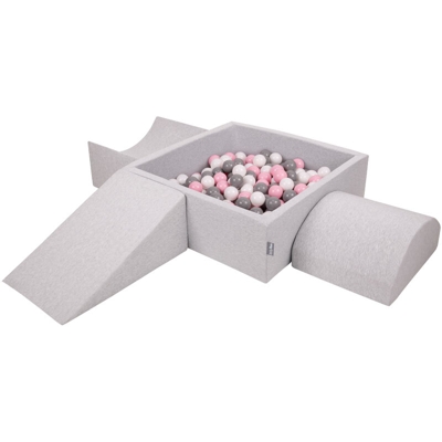 KiddyMoon Area Di Gioco In Schiuma Con Quadrato Piscina Di Palline (200 Palline) Per Bambini, Grigioch:Bianco/Grigio/Rosa Chiaro