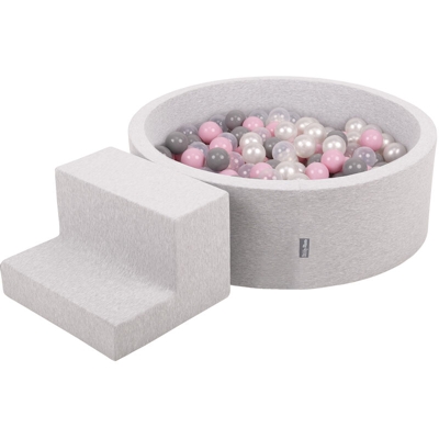 KiddyMoon Area Di Gioco In Schiuma Con Tondo Piscina Di Palline (100 Palline) Per Bambini, Grigioch:Perla/Grigio/Trasparente/Rosa Chiaro