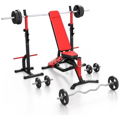 Ms34 125kg kier g Panca Pesi Ms-l101 + 2 Supporti Per Manubri Con Dispositivo Di Sicuzza Ms-s108 + Set Di Bar E Dischi Gommati 83kg