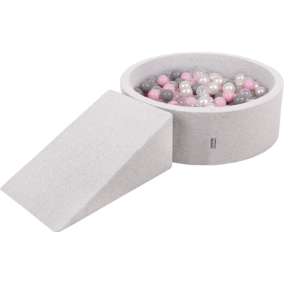 KiddyMoon Area Di Gioco In Schiuma Con Tondo Piscina Di Palline (200 Palline) Per Bambini, Grigioch:Perla/Grigio/Trasparente/Rosa Chiaro