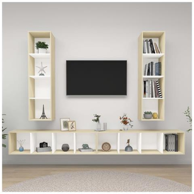 Mobile Tv A Parete 4 Pz Bianco E Rovere Sonoma In Truciolato