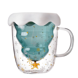 Tazza per albero di Natale Tazze in vetro isolante a doppia parete Tazza da caffe per ufficio con manico e coperchio Albero Fiocco di neve Bicchieri precio