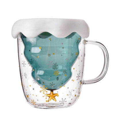 Tazza per albero di Natale Tazze in vetro isolante a doppia parete Tazza da caffe per ufficio con manico e coperchio Albero Fiocco di neve Bicchieri