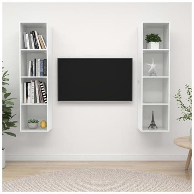Mobile Tv A Parete 2 Pz Bianco Lucido In Truciolato