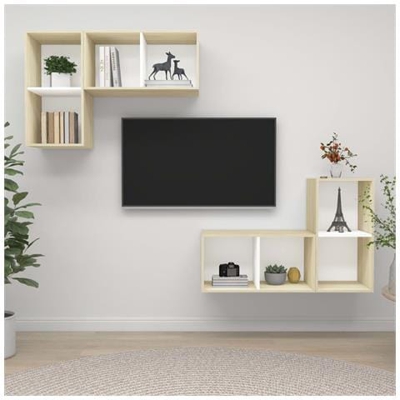 Mobile Tv A Parete 4 Pz Bianco E Rovere Sonoma In Truciolato