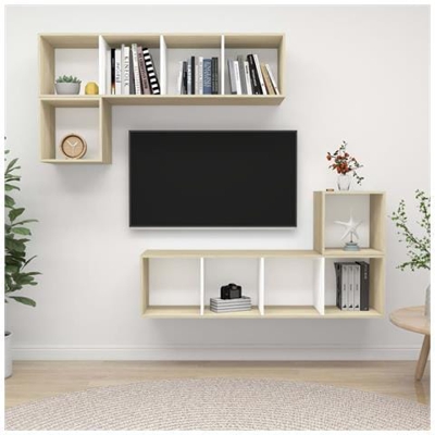 Set Porta Tv 4 Pz Bianco E Rovere Sonoma In Truciolato