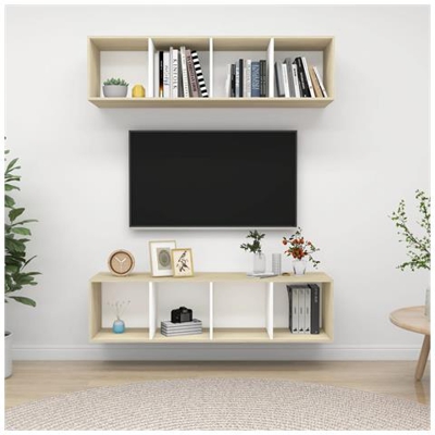 Mobile Tv A Parete 2 Pz Bianco E Rovere Sonoma In Truciolato