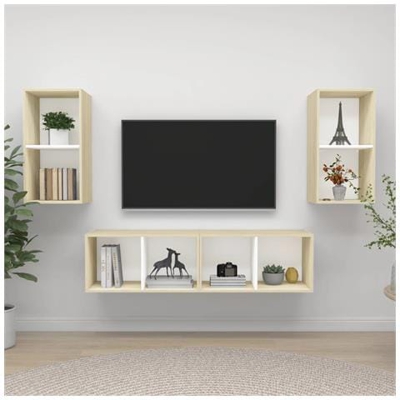 Mobile Tv A Parete 4 Pz Bianco E Rovere Sonoma In Truciolato