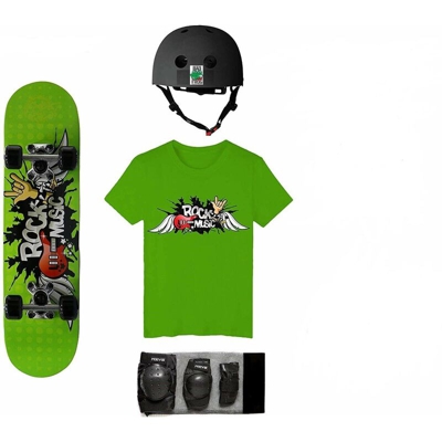 Set Skateboard Junior Skatemax Rock Music Colorato Caschetto Protezioni T-Shirt