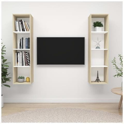 Mobile Tv A Parete 2 Pz Bianco E Rovere Sonoma In Truciolato