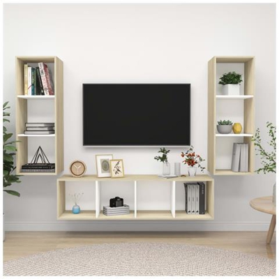 Set Porta Tv 3 Pz Bianco E Rovere Sonoma In Truciolato