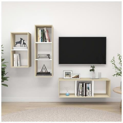 Set Porta Tv 3 Pz Bianco E Rovere Sonoma In Truciolato