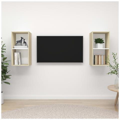 Mobile Tv A Parete 2 Pz Bianco E Rovere Sonoma In Truciolato