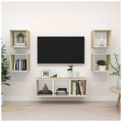 Set Porta Tv 5 Pz Bianco E Rovere Sonoma In Truciolato