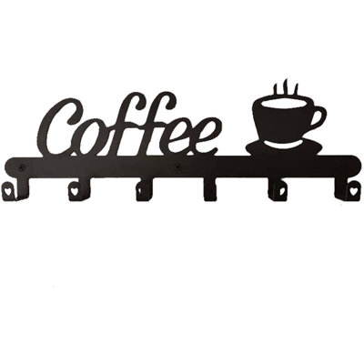 Portatazza da caffe in metallo Portabottiglie a forma di caffe 5 ganci Portabicchieri da appendere a parete Foratura senza chiodi Appendiabiti in