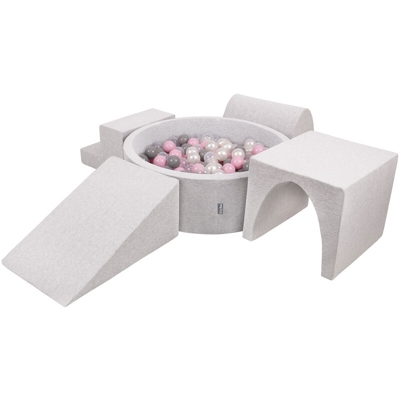 KiddyMoon Area Di Gioco In Schiuma Con Tondo Piscina Di Palline (300 Palline) Per Bambini, Grigioch:Perla/Grigio/Trasparente/Rosa Chiaro