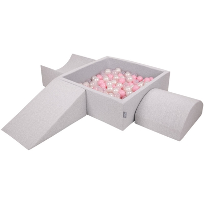 KiddyMoon Area Di Gioco In Schiuma Con Quadrato Piscina Di Palline (300 Palline) Per Bambini, Grigioch:Rosa Chiaro/Perla/Transparente - grigioCh:rosa