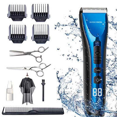 BarberBoss Tagliacapelli e Regolabarba Professionale per Uomini Bambini Famiglia Tagliacapelli Elettrico Waterproof Senza Fili Ricaricabile Schermo a 