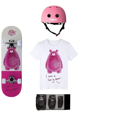 Set Skateboard Junior Skatemax Hairy Bear Rosa Caschetto Protezioni T-Shirt