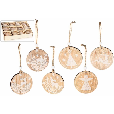 Scatola da 72 decorazioni per albero di Natale in legno con glitter